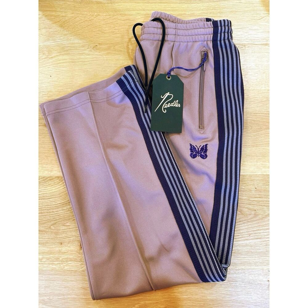 Needles Poly Smooth Track Pants Taupe Purple Butterfly - NWT - Studio - Sz S